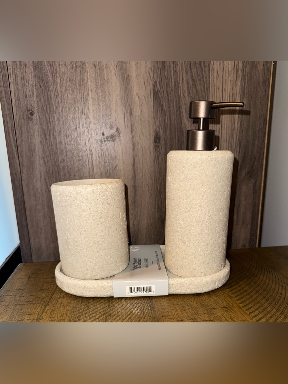 Neutral Stone Bath Accessory Set w/ Pump Dispenser, Vanity Tray, Stone Tumbler - Picture 2 of 9